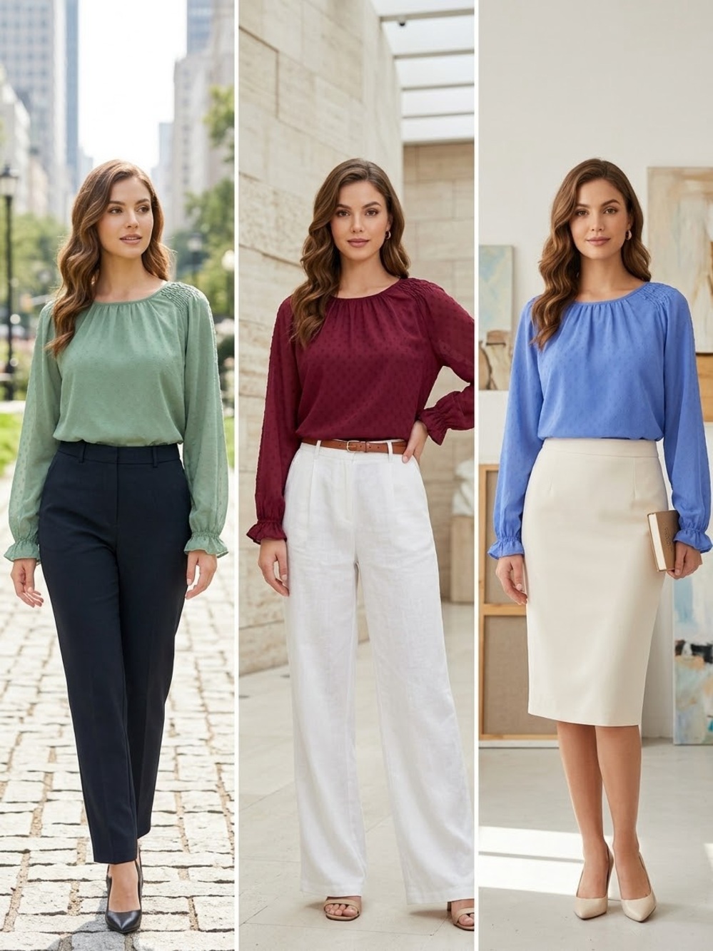 Set of 3 Jessica Simpson Long-Sleeve Swiss Dot Blouse - Green, Burgundy & Blue